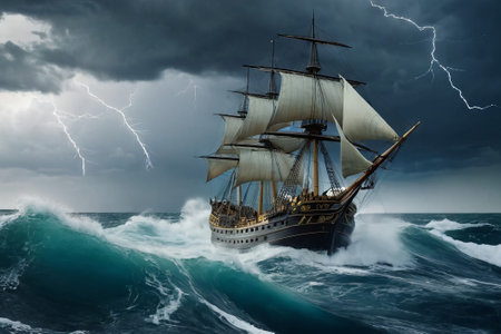 Experience the thrill of adventure in a dramatic photo capturing a majestic sailboat navigating stormy seas a testament to courage and resilience amidst nature fury.の素材