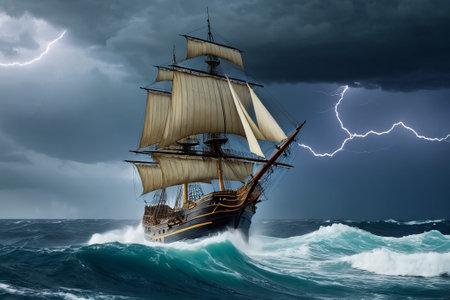 Experience the thrill of adventure in a dramatic photo capturing a majestic sailboat navigating stormy seas a testament to courage and resilience amidst nature fury.の素材
