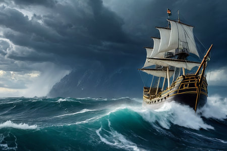 Experience the thrill of adventure in a dramatic photo capturing a majestic sailboat navigating stormy seas a testament to courage and resilience amidst nature fury.の素材
