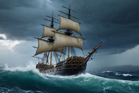 Experience the thrill of adventure in a dramatic photo capturing a majestic sailboat navigating stormy seas a testament to courage and resilience amidst nature fury.の素材
