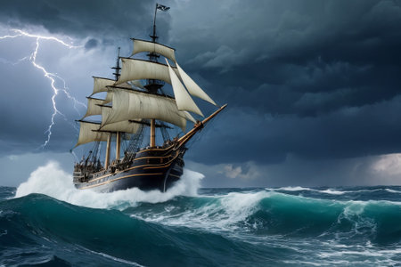 Experience the thrill of adventure in a dramatic photo capturing a majestic sailboat navigating stormy seas a testament to courage and resilience amidst nature fury.の素材