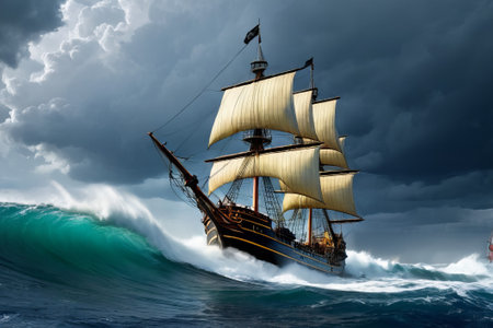 Experience the thrill of adventure in a dramatic photo capturing a majestic sailboat navigating stormy seas a testament to courage and resilience amidst nature fury.の素材