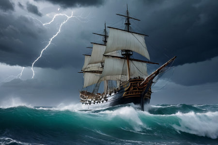 Experience the thrill of adventure in a dramatic photo capturing a majestic sailboat navigating stormy seas a testament to courage and resilience amidst nature fury.の素材