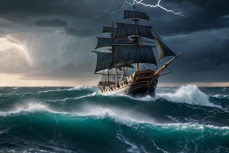 Experience the thrill of adventure in a dramatic photo capturing a majestic sailboat navigating stormy seas a testament to courage and resilience amidst nature fury.の素材