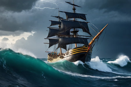 Experience the thrill of adventure in a dramatic photo capturing a majestic sailboat navigating stormy seas a testament to courage and resilience amidst nature fury.の素材