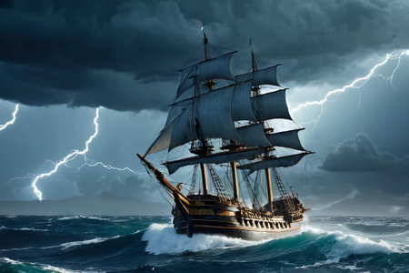 Experience the thrill of adventure in a dramatic photo capturing a majestic sailboat navigating stormy seas a testament to courage and resilience amidst nature fury.の素材