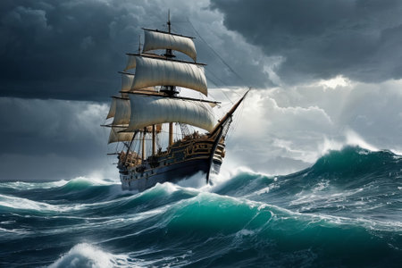Experience the thrill of adventure in a dramatic photo capturing a majestic sailboat navigating stormy seas a testament to courage and resilience amidst nature fury.の素材