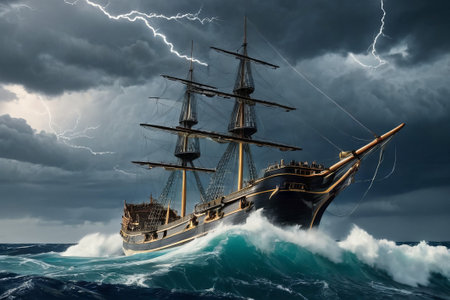 Experience the thrill of adventure in a dramatic photo capturing a majestic sailboat navigating stormy seas a testament to courage and resilience amidst nature fury.の素材