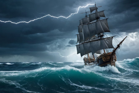 Experience the thrill of adventure in a dramatic photo capturing a majestic sailboat navigating stormy seas a testament to courage and resilience amidst nature fury.の素材