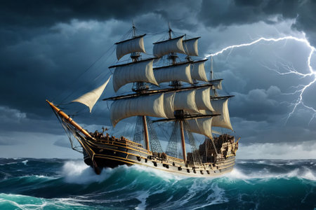 Experience the thrill of adventure in a dramatic photo capturing a majestic sailboat navigating stormy seas a testament to courage and resilience amidst nature fury.の素材