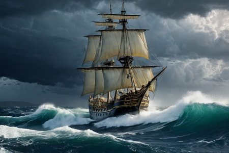 Experience the thrill of adventure in a dramatic photo capturing a majestic sailboat navigating stormy seas a testament to courage and resilience amidst nature fury.の素材
