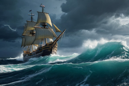 Experience the thrill of adventure in a dramatic photo capturing a majestic sailboat navigating stormy seas a testament to courage and resilience amidst nature fury.の素材