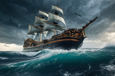 Experience the thrill of adventure in a dramatic photo capturing a majestic sailboat navigating stormy seas a testament to courage and resilience amidst nature fury.の素材