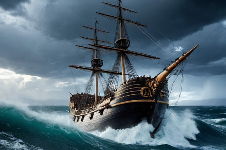Experience the thrill of adventure in a dramatic photo capturing a majestic sailboat navigating stormy seas a testament to courage and resilience amidst nature fury.の素材