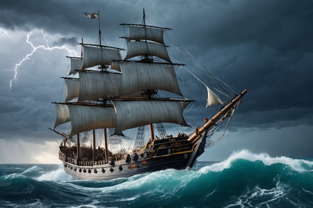 Experience the thrill of adventure in a dramatic photo capturing a majestic sailboat navigating stormy seas a testament to courage and resilience amidst nature fury.の素材