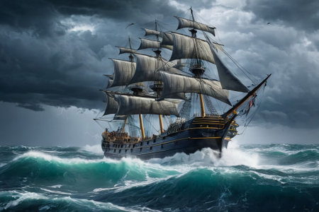 Experience the thrill of adventure in a dramatic photo capturing a majestic sailboat navigating stormy seas a testament to courage and resilience amidst nature fury.の素材