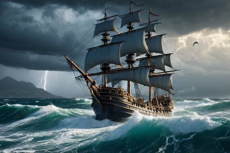 Experience the thrill of adventure in a dramatic photo capturing a majestic sailboat navigating stormy seas a testament to courage and resilience amidst nature fury.の素材