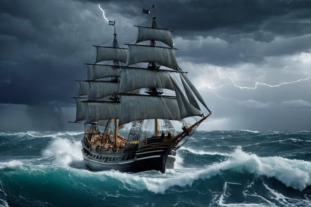 Experience the thrill of adventure in a dramatic photo capturing a majestic sailboat navigating stormy seas a testament to courage and resilience amidst nature fury.の素材