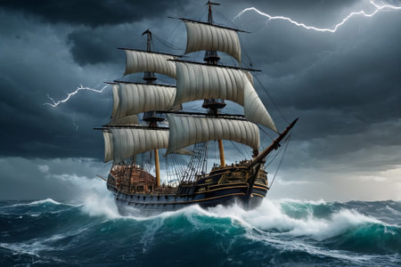 Experience the thrill of adventure in a dramatic photo capturing a majestic sailboat navigating stormy seas a testament to courage and resilience amidst nature fury.の素材
