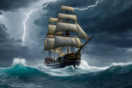Experience the thrill of adventure in a dramatic photo capturing a majestic sailboat navigating stormy seas a testament to courage and resilience amidst nature fury.の素材
