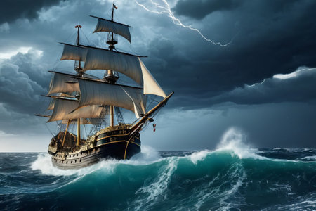 Experience the thrill of adventure in a dramatic photo capturing a majestic sailboat navigating stormy seas a testament to courage and resilience amidst nature fury.の素材
