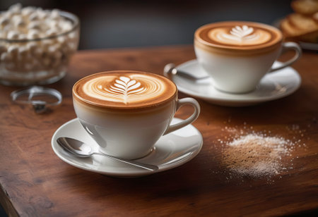 he cappuccino cup with a tall layer of foam stands before you. The aroma of coffee fills the room, promising an invigorating start to the day.の素材