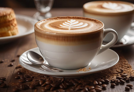 he cappuccino cup with a tall layer of foam stands before you. The aroma of coffee fills the room, promising an invigorating start to the day.の素材