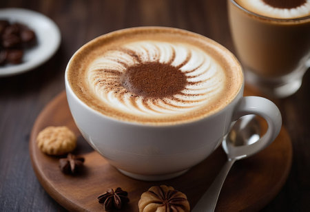 he cappuccino cup with a tall layer of foam stands before you. The aroma of coffee fills the room, promising an invigorating start to the day.の素材