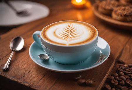 he cappuccino cup with a tall layer of foam stands before you. The aroma of coffee fills the room, promising an invigorating start to the day.の素材