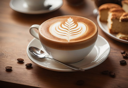 he cappuccino cup with a tall layer of foam stands before you. The aroma of coffee fills the room, promising an invigorating start to the day.の素材