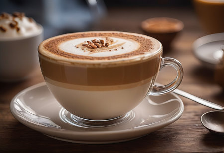 he cappuccino cup with a tall layer of foam stands before you. The aroma of coffee fills the room, promising an invigorating start to the day.の素材