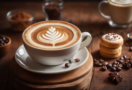 he cappuccino cup with a tall layer of foam stands before you. The aroma of coffee fills the room, promising an invigorating start to the day.の素材