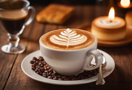 he cappuccino cup with a tall layer of foam stands before you. The aroma of coffee fills the room, promising an invigorating start to the day.の素材