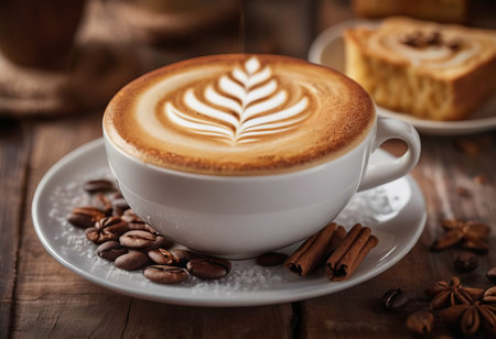 he cappuccino cup with a tall layer of foam stands before you. The aroma of coffee fills the room, promising an invigorating start to the day.の素材