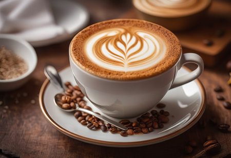 he cappuccino cup with a tall layer of foam stands before you. The aroma of coffee fills the room, promising an invigorating start to the day.の素材