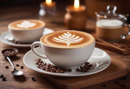 he cappuccino cup with a tall layer of foam stands before you. The aroma of coffee fills the room, promising an invigorating start to the day.の素材