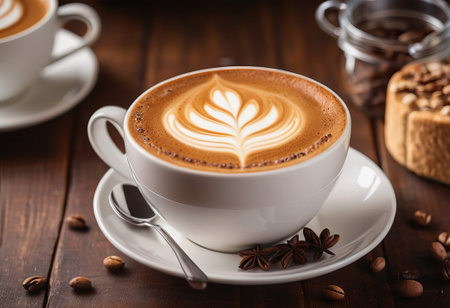he cappuccino cup with a tall layer of foam stands before you. The aroma of coffee fills the room, promising an invigorating start to the day.の素材