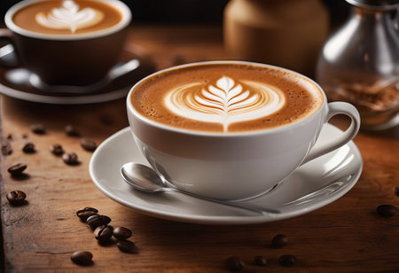he cappuccino cup with a tall layer of foam stands before you. The aroma of coffee fills the room, promising an invigorating start to the day.の素材