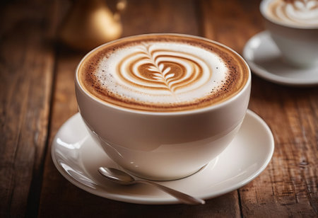 he cappuccino cup with a tall layer of foam stands before you. The aroma of coffee fills the room, promising an invigorating start to the day.の素材