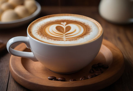he cappuccino cup with a tall layer of foam stands before you. The aroma of coffee fills the room, promising an invigorating start to the day.の素材