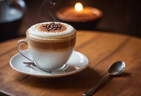 he cappuccino cup with a tall layer of foam stands before you. The aroma of coffee fills the room, promising an invigorating start to the day.の素材