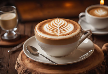he cappuccino cup with a tall layer of foam stands before you. The aroma of coffee fills the room, promising an invigorating start to the day.の素材