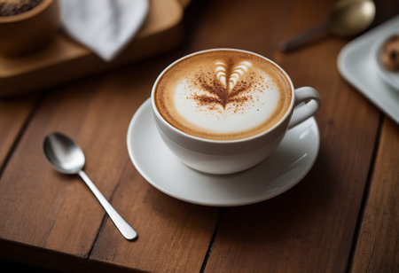 he cappuccino cup with a tall layer of foam stands before you. The aroma of coffee fills the room, promising an invigorating start to the day.の素材