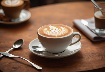 he cappuccino cup with a tall layer of foam stands before you. The aroma of coffee fills the room, promising an invigorating start to the day.の素材