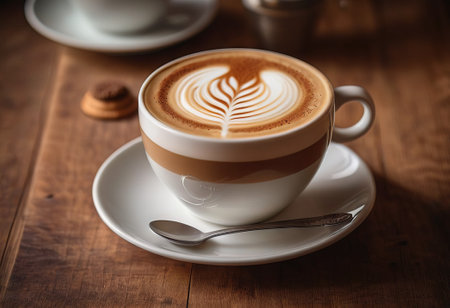 he cappuccino cup with a tall layer of foam stands before you. The aroma of coffee fills the room, promising an invigorating start to the day.の素材