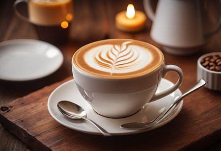he cappuccino cup with a tall layer of foam stands before you. The aroma of coffee fills the room, promising an invigorating start to the day.の素材