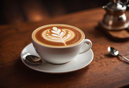 he cappuccino cup with a tall layer of foam stands before you. The aroma of coffee fills the room, promising an invigorating start to the day.の素材