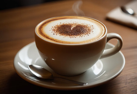 he cappuccino cup with a tall layer of foam stands before you. The aroma of coffee fills the room, promising an invigorating start to the day.の素材