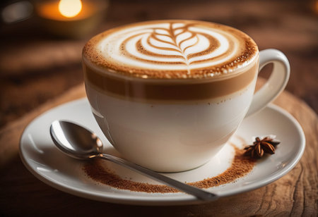 he cappuccino cup with a tall layer of foam stands before you. The aroma of coffee fills the room, promising an invigorating start to the day.の素材