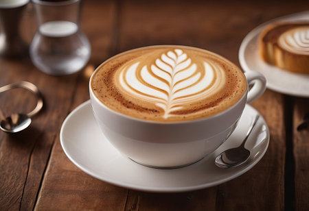 he cappuccino cup with a tall layer of foam stands before you. The aroma of coffee fills the room, promising an invigorating start to the day.の素材